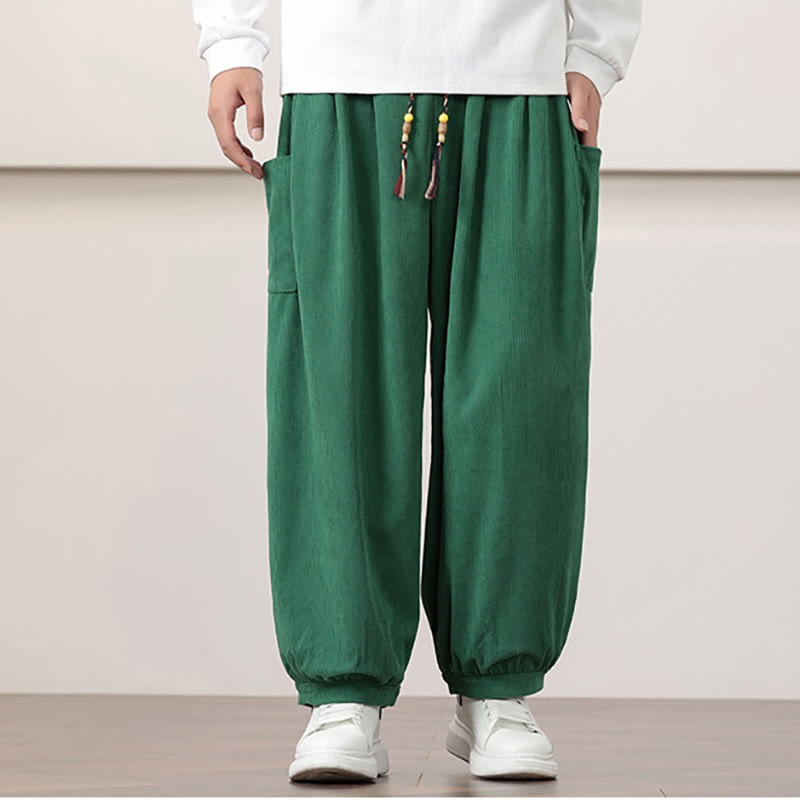 Buddha Stones Solid Color Corduroy Drawstring Men's Harem Pants With Pockets - image 30