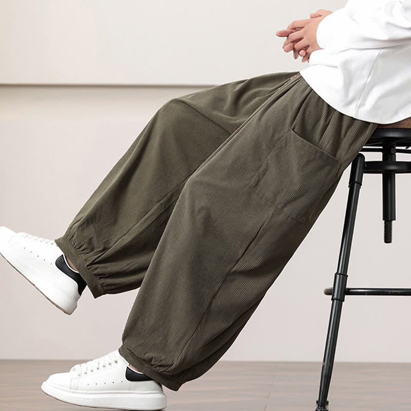 Buddha Stones Solid Color Corduroy Drawstring Men's Harem Pants With Pockets - image 9