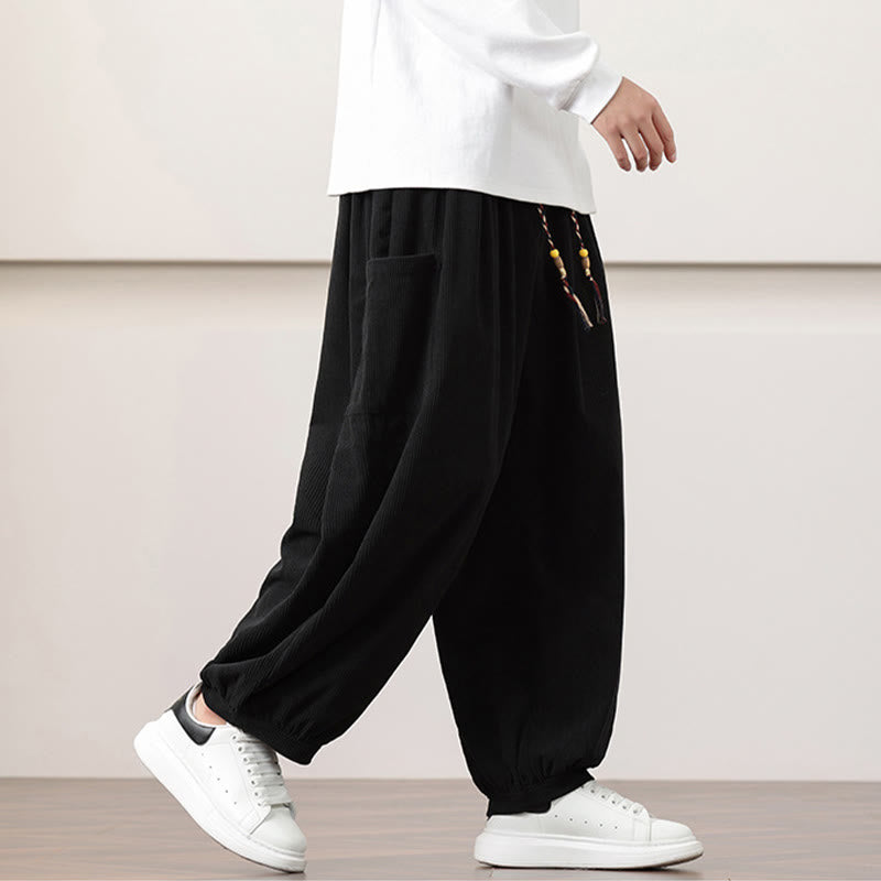 Buddha Stones Solid Color Corduroy Drawstring Men's Harem Pants With Pockets - image 16