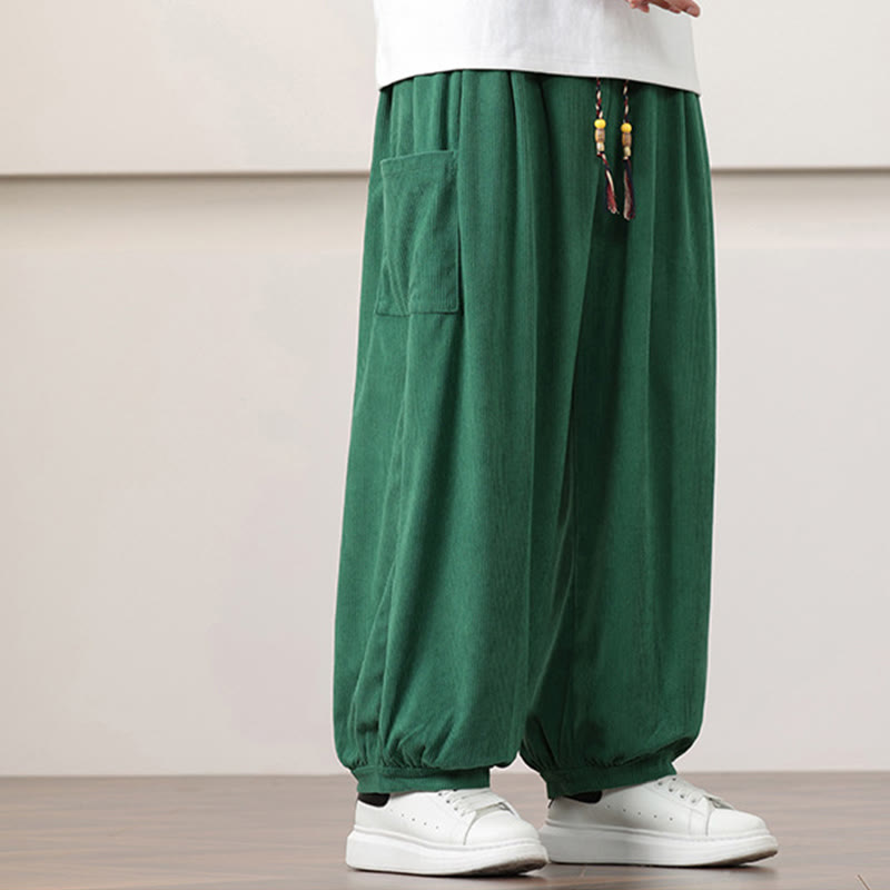 Buddha Stones Solid Color Corduroy Drawstring Men's Harem Pants With Pockets - image 33