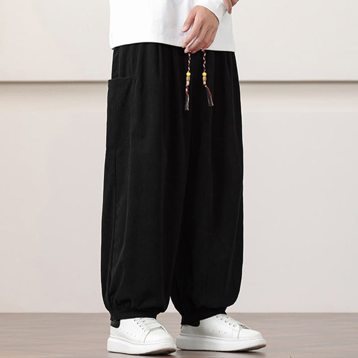 Buddha Stones Solid Color Corduroy Drawstring Men's Harem Pants With Pockets - image 12