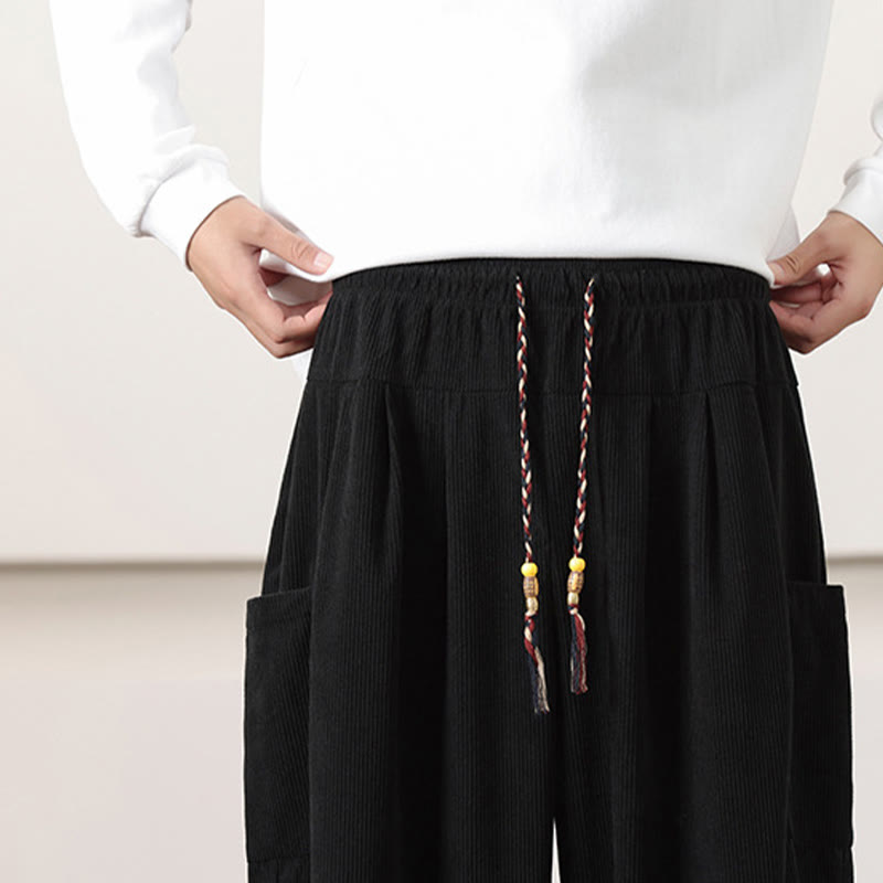 Buddha Stones Solid Color Corduroy Drawstring Men's Harem Pants With Pockets - image 18