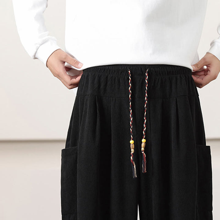 Buddha Stones Solid Color Corduroy Drawstring Men's Harem Pants With Pockets - image 18