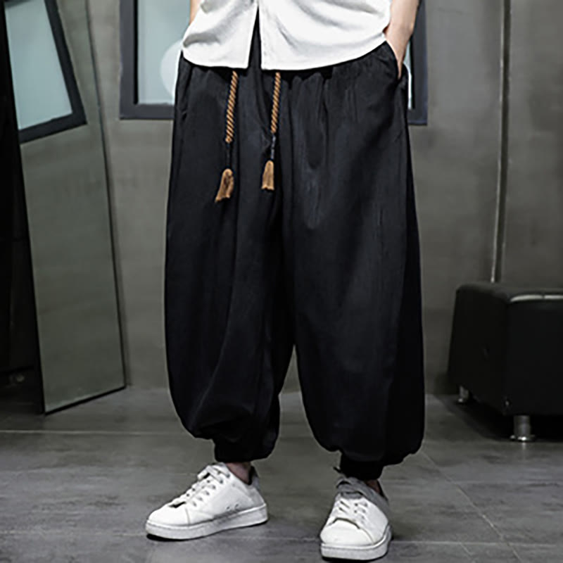 Buddha Stones Solid Color Corduroy Drawstring Thermal Men's Harem Pants With Pockets - Black(Thermal) - US/UK/AU46，EU56 (5XL) - image 4
