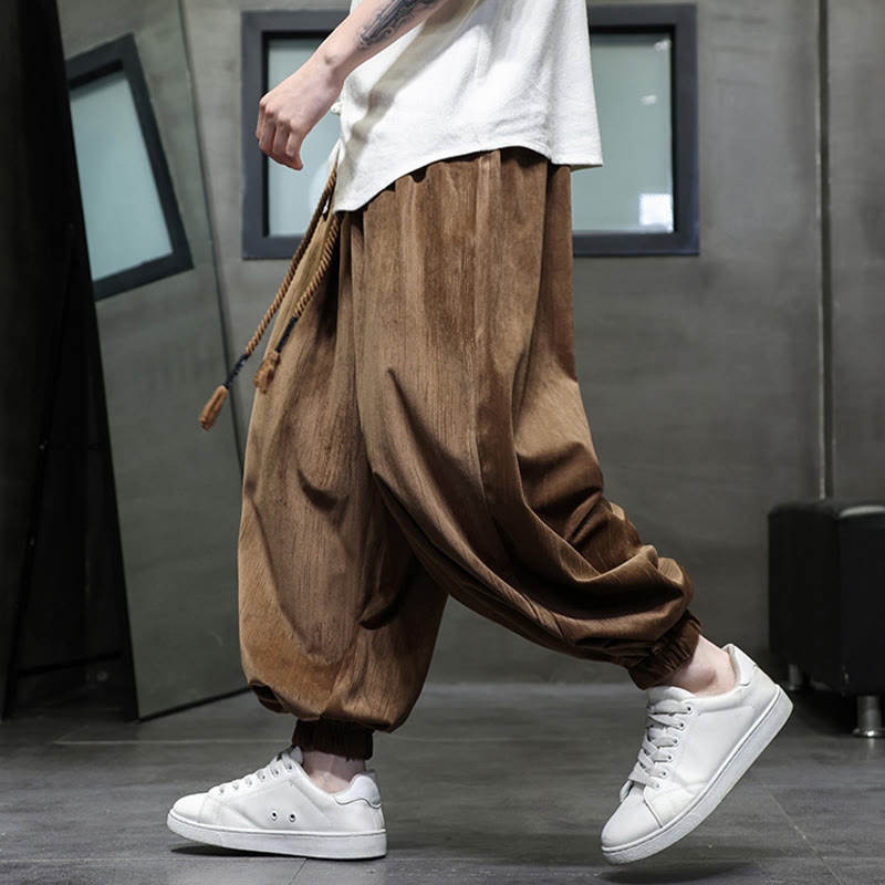 Buddha Stones Solid Color Corduroy Drawstring Thermal Men's Harem Pants With Pockets - image 11