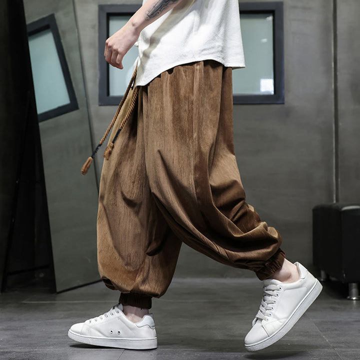 Buddha Stones Solid Color Corduroy Drawstring Thermal Men's Harem Pants With Pockets - image 11