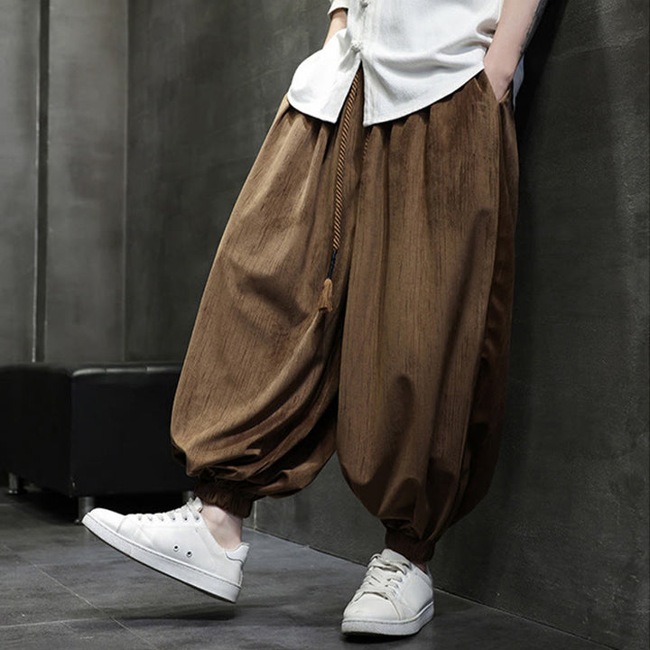 Buddha Stones Solid Color Corduroy Drawstring Thermal Men's Harem Pants With Pockets - image 3