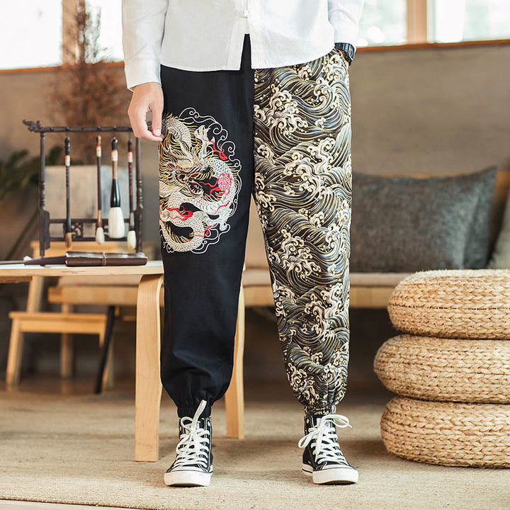 Buddha Stones Dragon Pattern Two-tone Men's Pants With Pockets