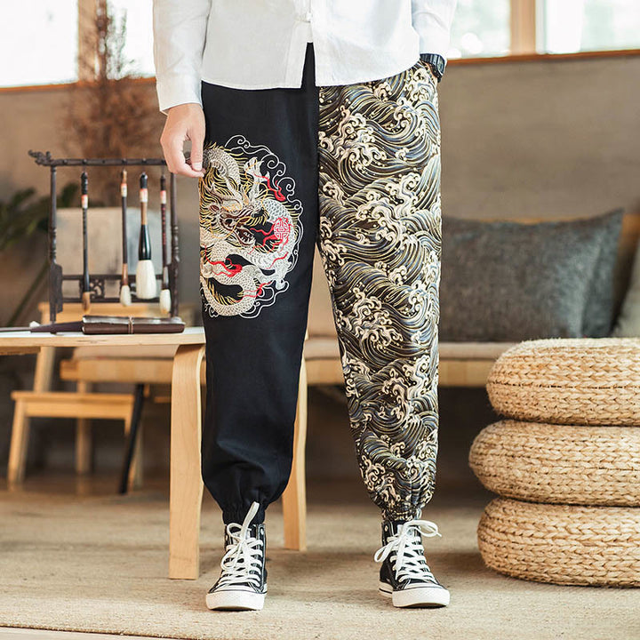 Buddha Stones Dragon Pattern Two-tone Men's Pants With Pockets - Black - US/UK/AU46，EU56 (5XL) - image 0