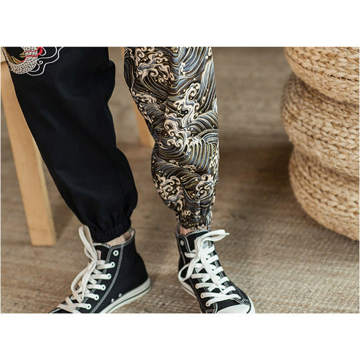 Buddha Stones Dragon Pattern Two-tone Men's Pants With Pockets