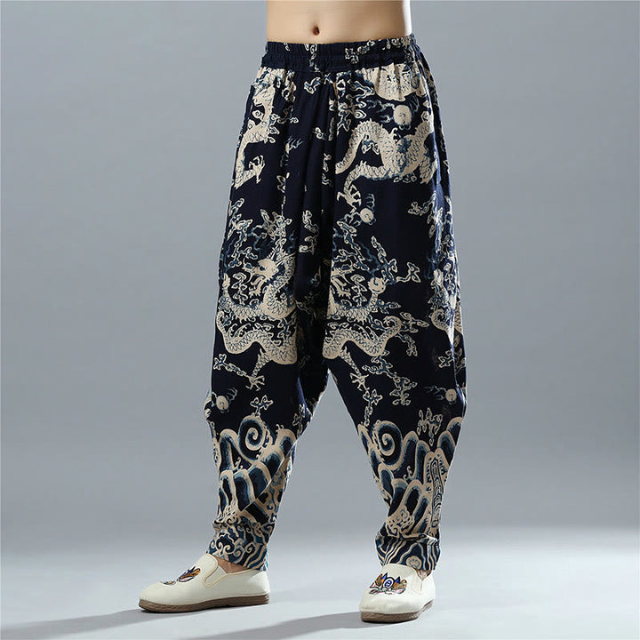 Buddha Stones Chinese Dragon Printed Elastic Waist Ethnic Cotton Linen Men's Pants With Pockets