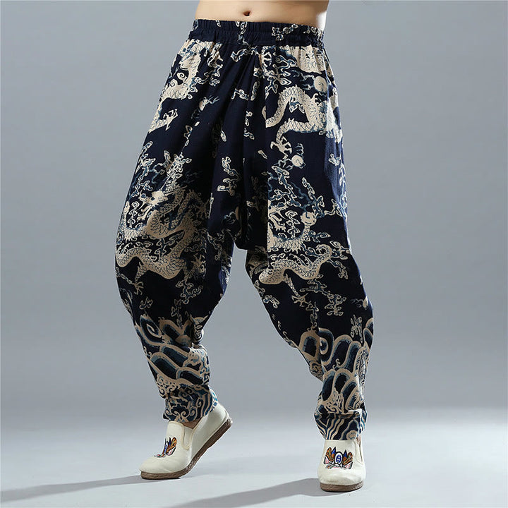 Buddha Stones Chinese Dragon Printed Elastic Waist Ethnic Cotton Linen Men's Pants With Pockets - image 1