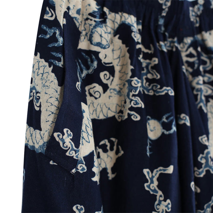 Buddha Stones Chinese Dragon Printed Elastic Waist Ethnic Cotton Linen Men's Pants With Pockets - image 8