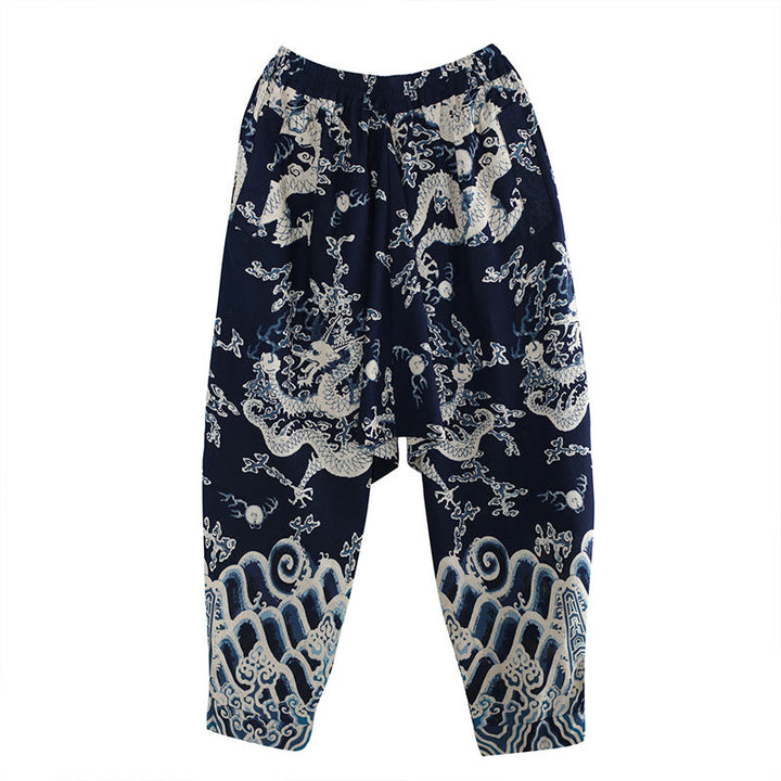 Buddha Stones Chinese Dragon Printed Elastic Waist Ethnic Cotton Linen Men's Pants With Pockets