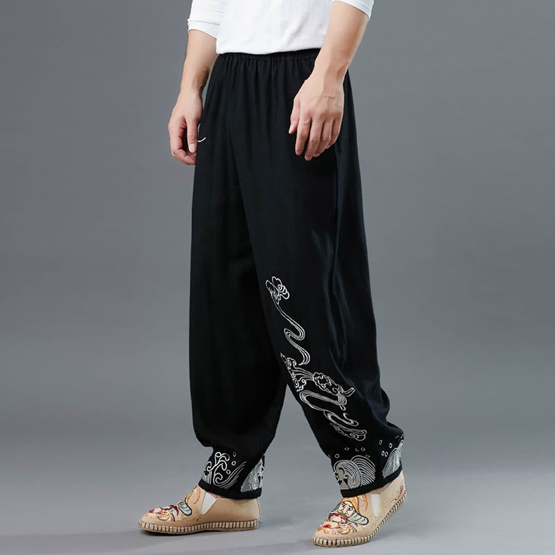 Buddha Stones Clouds Elastic Waist Ethnic Cotton Men's Pants With Pockets