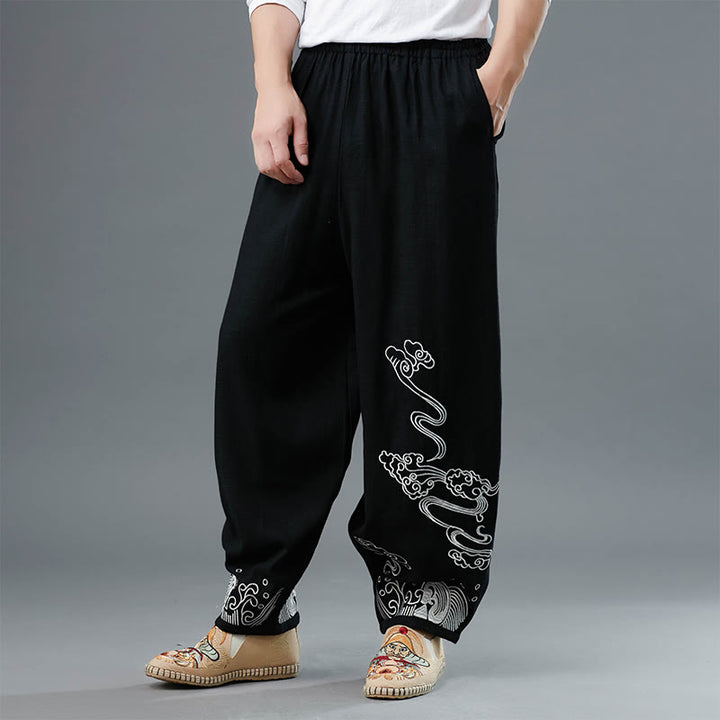 Buddha Stones Clouds Elastic Waist Ethnic Cotton Men's Pants With Pockets