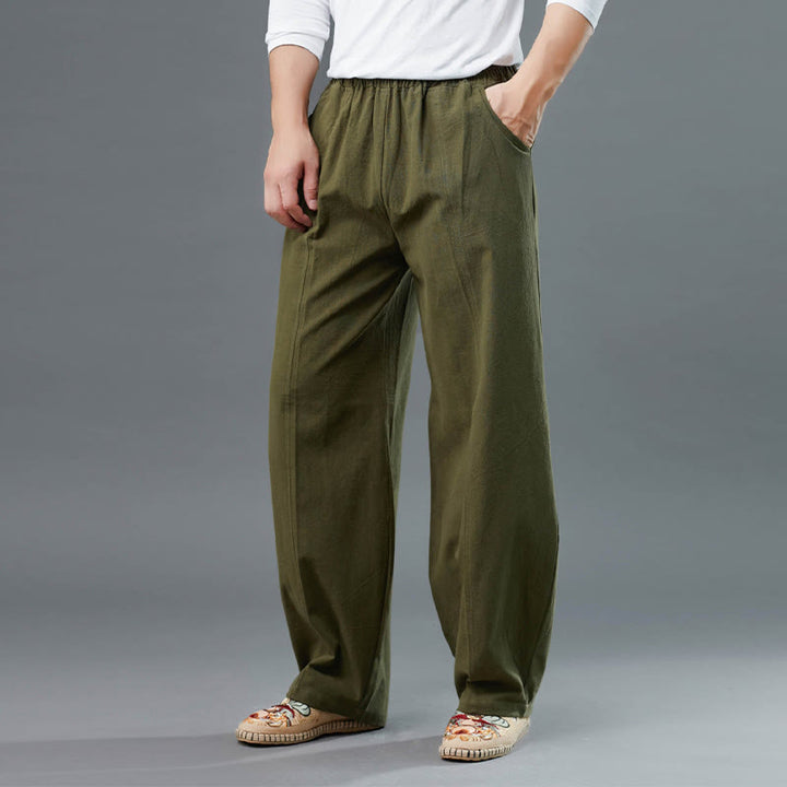 Buddha Stones Casual Solid Color Cotton Linen Men's Pants With Pockets