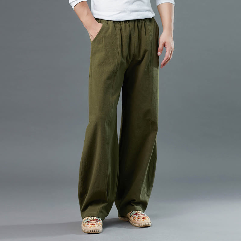 Buddha Stones Casual Solid Color Cotton Linen Men's Pants With Pockets