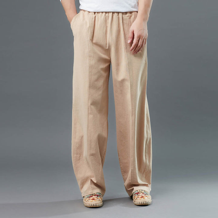 Buddha Stones Casual Solid Color Cotton Linen Men's Pants With Pockets