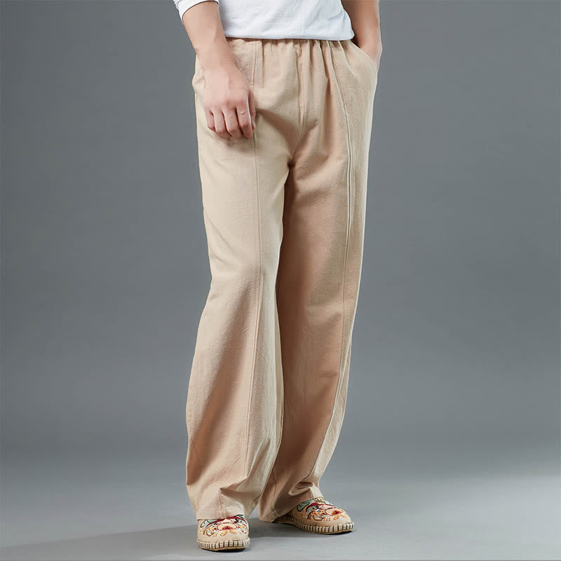 Buddha Stones Casual Solid Color Cotton Linen Men's Pants With Pockets