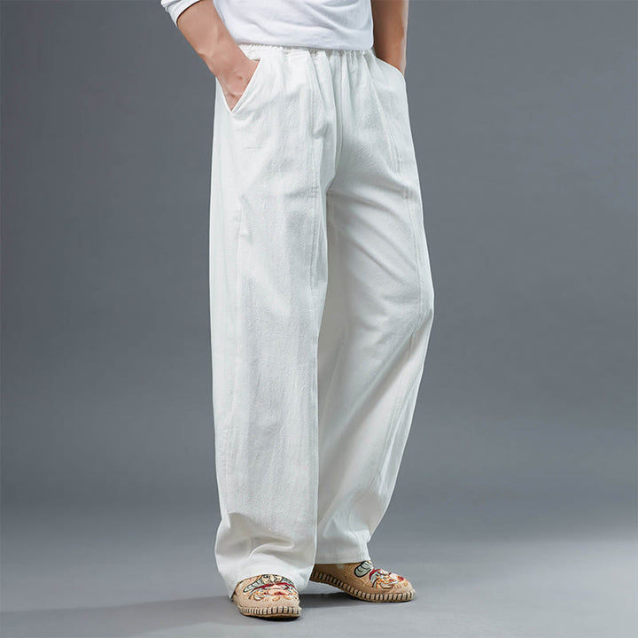 Buddha Stones Casual Solid Color Cotton Linen Men's Pants With Pockets