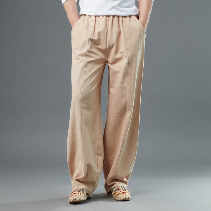 Buddha Stones Casual Solid Color Cotton Linen Men's Pants With Pockets