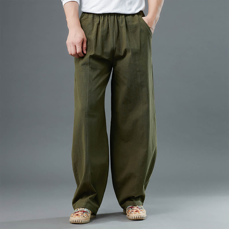 Buddha Stones Casual Solid Color Cotton Linen Men's Pants With Pockets