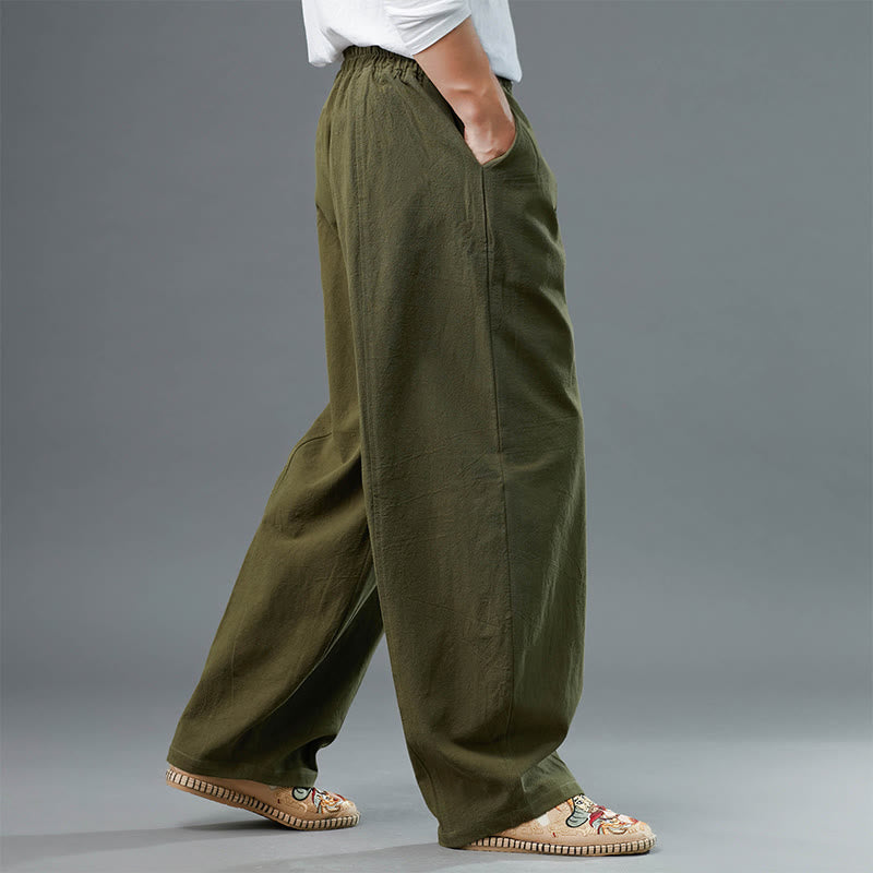 Buddha Stones Casual Solid Color Cotton Linen Men's Pants With Pockets