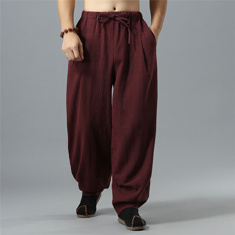 Buddha Stones Casual Solid Color Drawstring Cotton Linen Men's Pants With Pockets - image 22