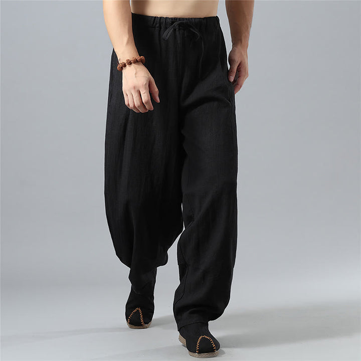 Buddha Stones Casual Solid Color Drawstring Cotton Linen Men's Pants With Pockets