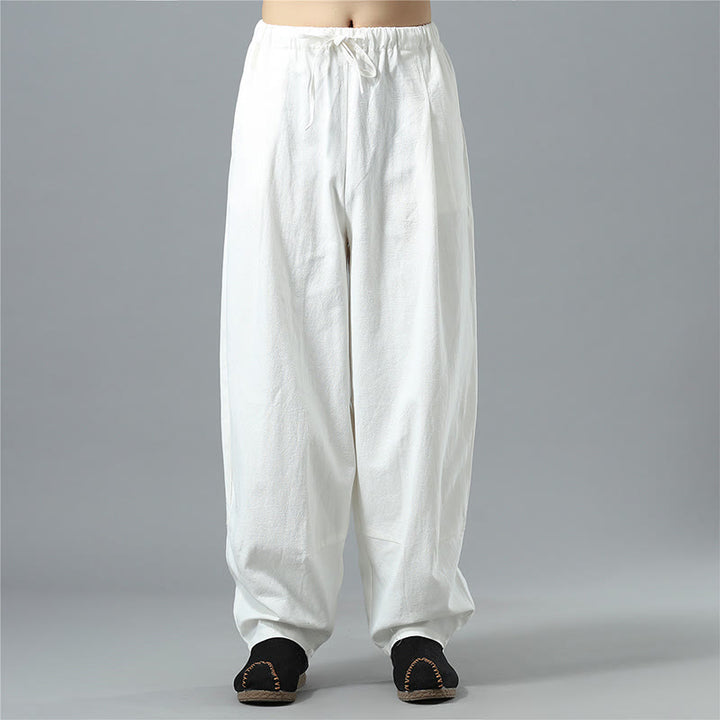 Buddha Stones Casual Solid Color Drawstring Cotton Linen Men's Pants With Pockets