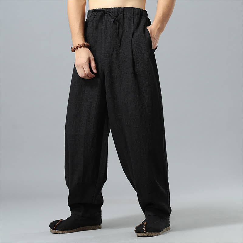 Buddha Stones Casual Solid Color Drawstring Cotton Linen Men's Pants With Pockets