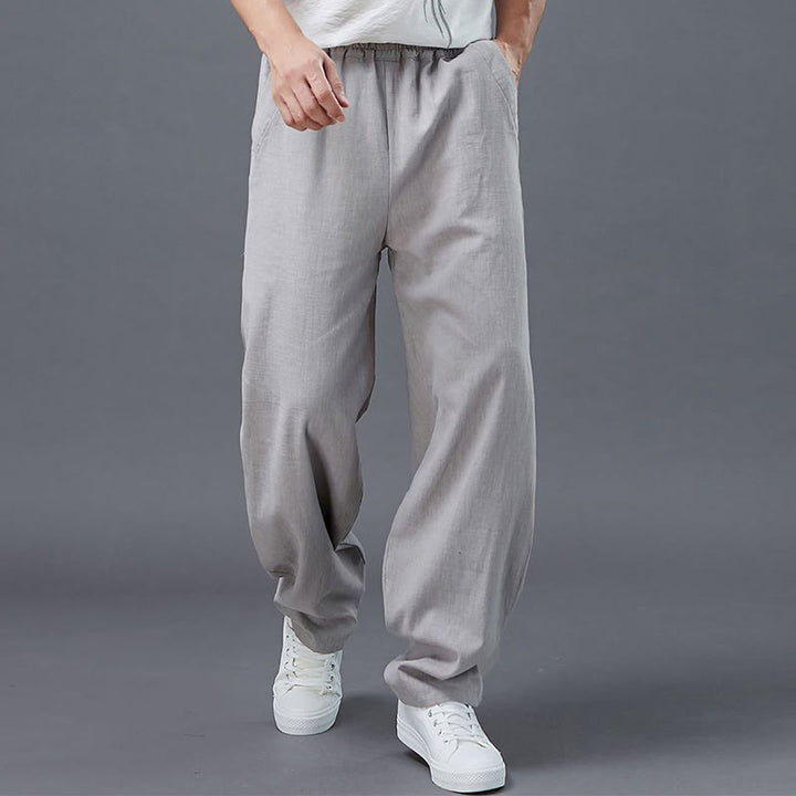 Buddha Stones Plain Color Elastic Waist Ramie Linen Men's Pants With Pockets