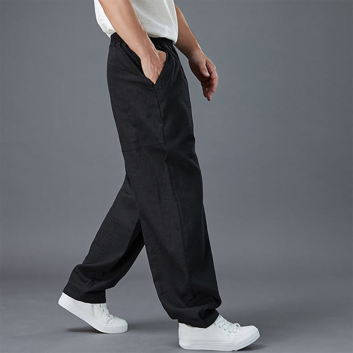 Buddha Stones Plain Color Elastic Waist Ramie Linen Men's Pants With Pockets