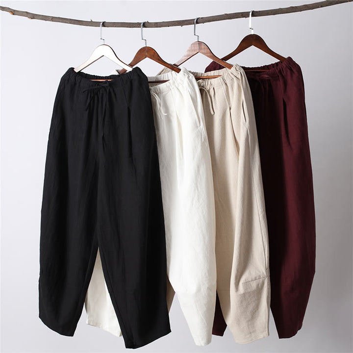 Buddha Stones Casual Solid Color Drawstring Cotton Linen Men's Pants With Pockets - image 2