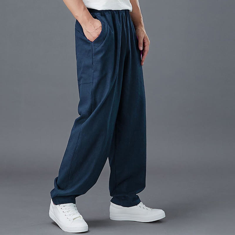 Buddha Stones Plain Color Elastic Waist Ramie Linen Men's Pants With Pockets