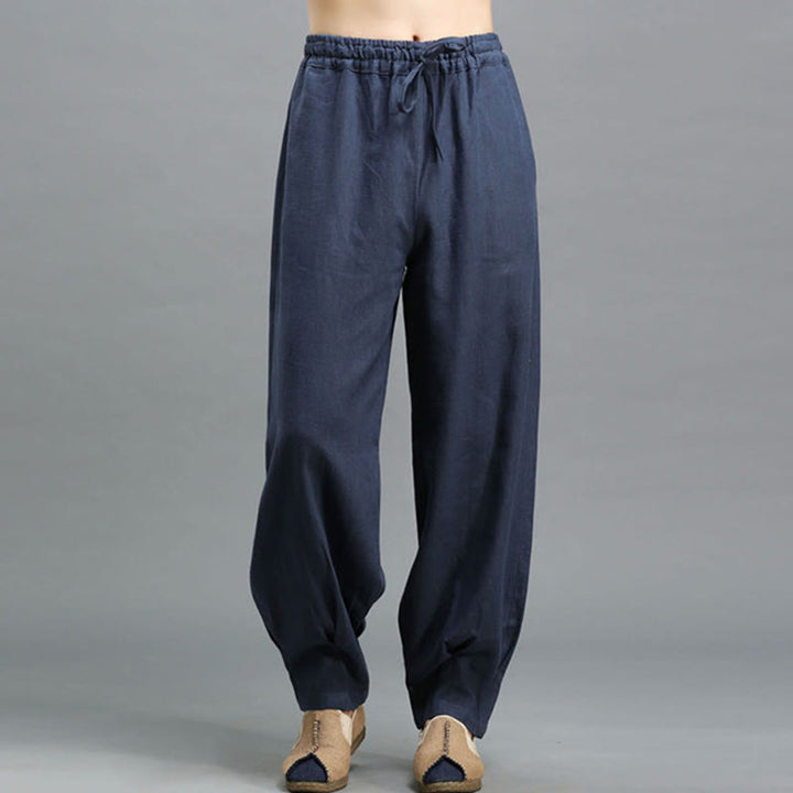 Buddha Stones Casual Plain Color Elastic Drawstring Ramie Linen Men's Pants With Pockets - DarkBlue - US/UK/AU38，EU48 (XL) - image 0