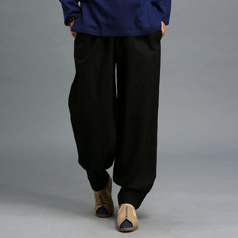 Buddha Stones Casual Plain Color Elastic Drawstring Ramie Linen Men's Pants With Pockets - image 21