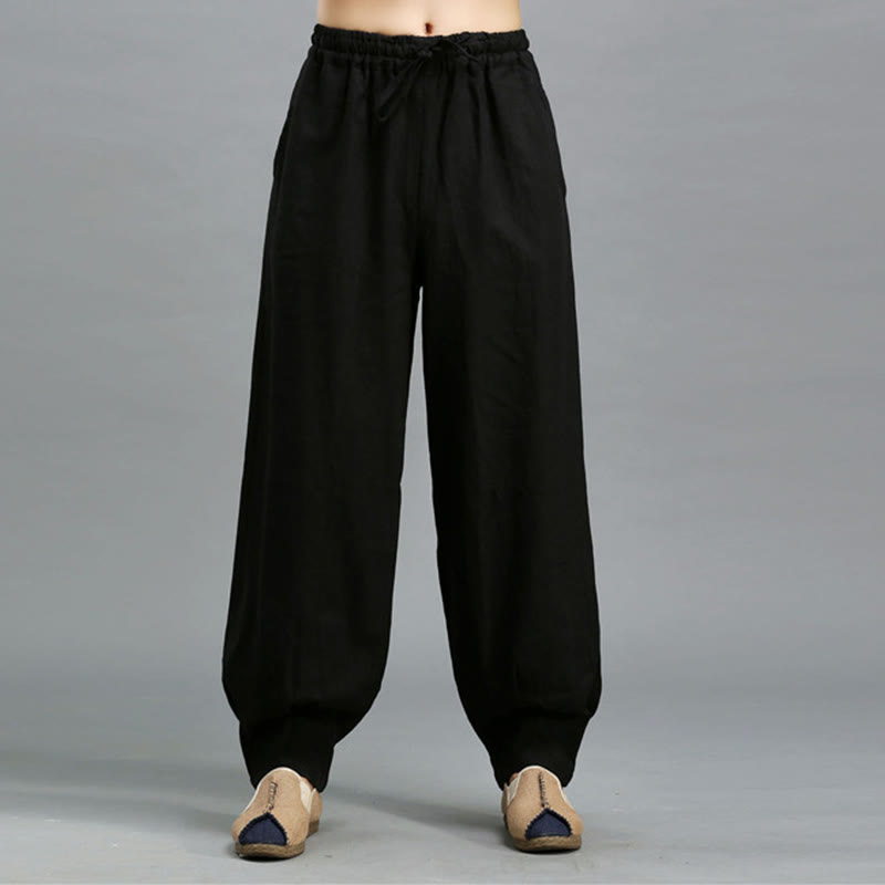 Buddha Stones Casual Plain Color Elastic Drawstring Ramie Linen Men's Pants With Pockets - Black - US/UK/AU38，EU48 (XL) - image 12