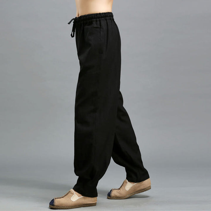 Buddha Stones Casual Plain Color Elastic Drawstring Ramie Linen Men's Pants With Pockets - image 14