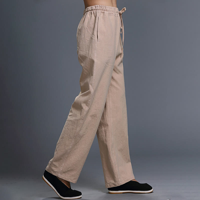 Buddha Stones Casual Plain Color Drawstring Linen Men's Pants With Pockets