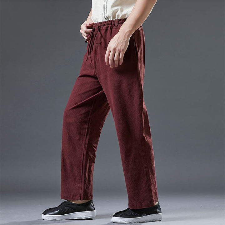 Buddha Stones Casual Plain Color Drawstring Linen Men's Pants With Pockets