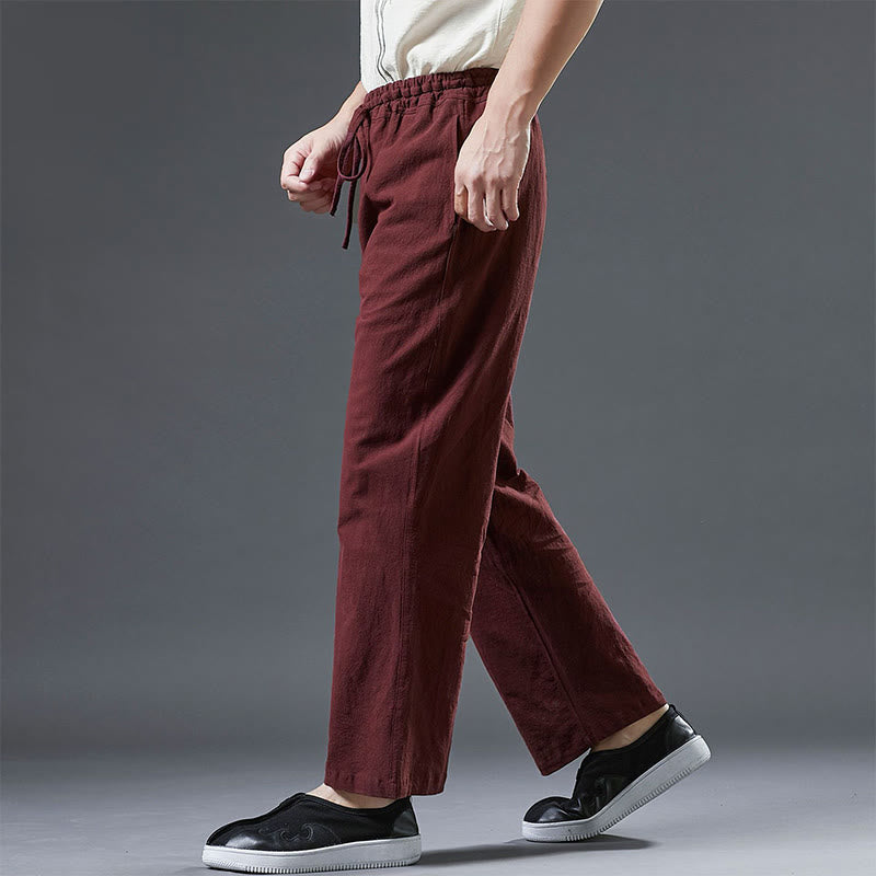 Buddha Stones Casual Plain Color Drawstring Linen Men's Pants With Pockets