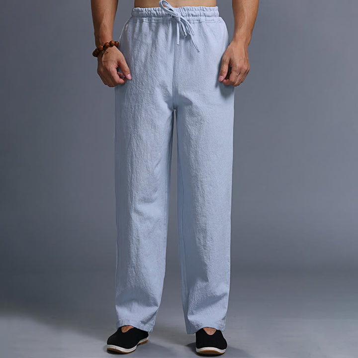 Buddha Stones Casual Plain Color Drawstring Linen Men's Pants With Pockets