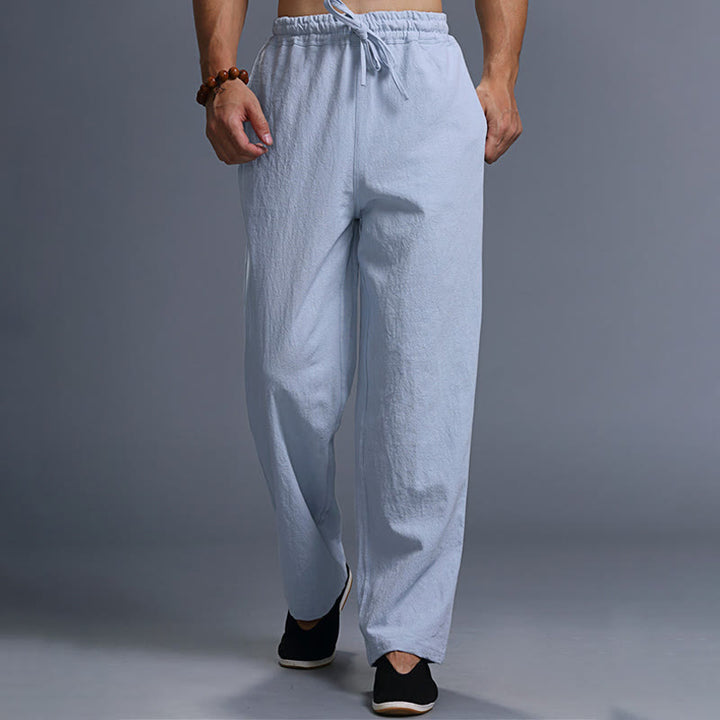 Buddha Stones Casual Plain Color Drawstring Linen Men's Pants With Pockets