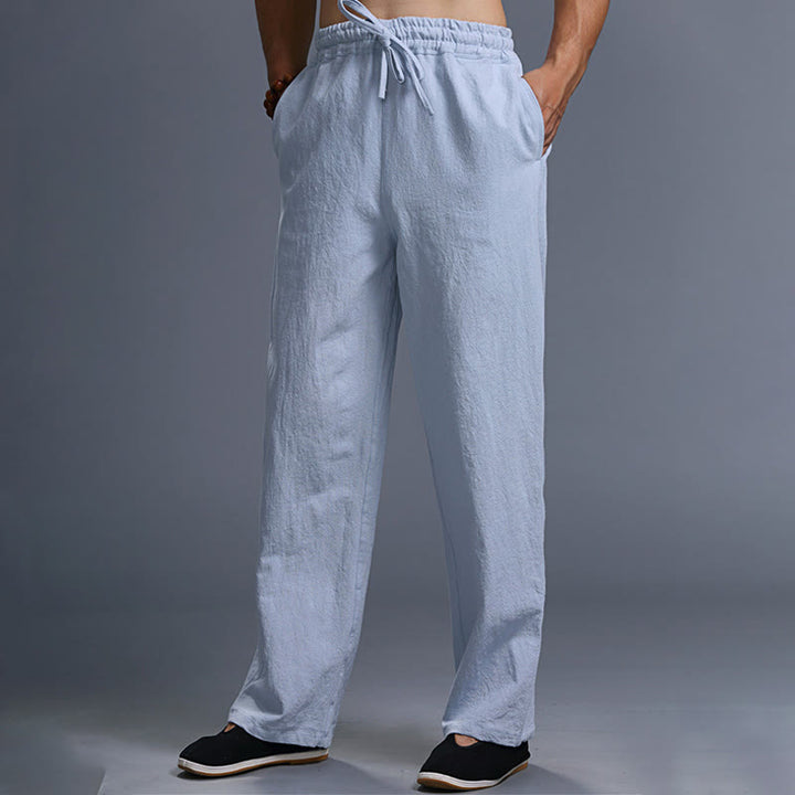 Buddha Stones Casual Plain Color Drawstring Linen Men's Pants With Pockets