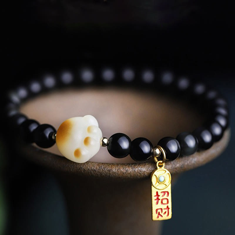 Buddha Stones Black Obsidian Cat Paw Bodhi Seed Lucky Fortune Charm Purification Bracelet - 6mm Black Obsidian(Wrist Circumference: 14-16cm) - image 1