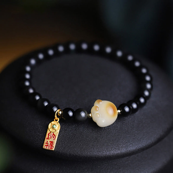 Buddha Stones Black Obsidian Cat Paw Bodhi Seed Lucky Fortune Charm Purification Bracelet - image 9