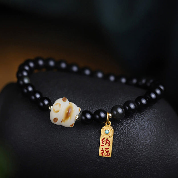 Buddha Stones Black Obsidian Cat Paw Bodhi Seed Lucky Fortune Charm Purification Bracelet - image 8