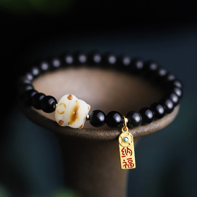 Buddha Stones Black Obsidian Cat Paw Bodhi Seed Lucky Fortune Charm Purification Bracelet - image 2